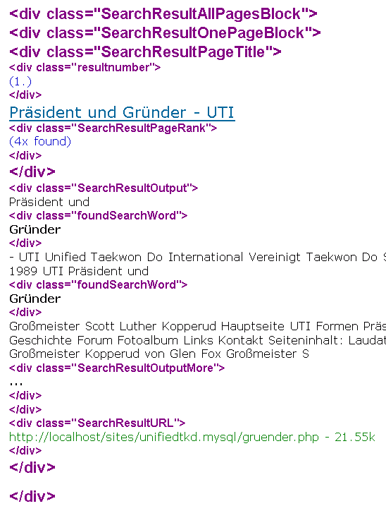 search results and div tags used